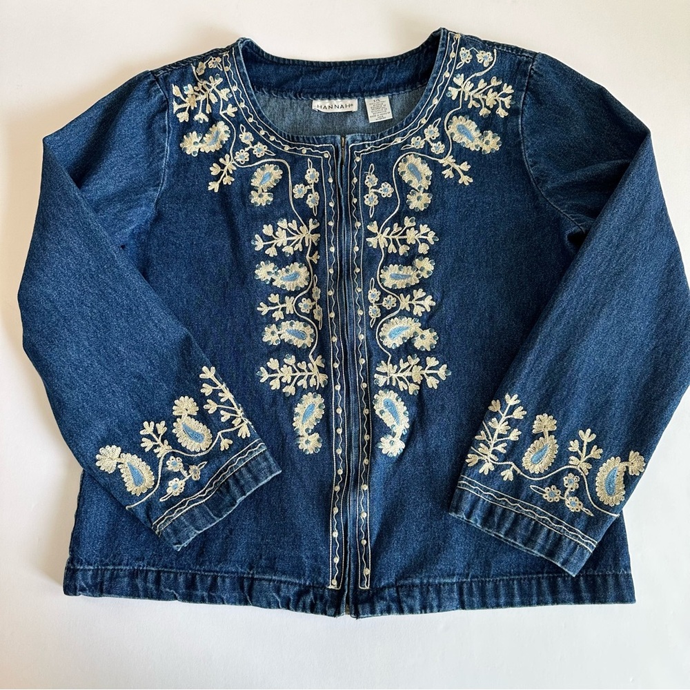 Hannah Embroidered Denim‎ Jacket Large Dark Wash Zip Front Cotton Lightweight